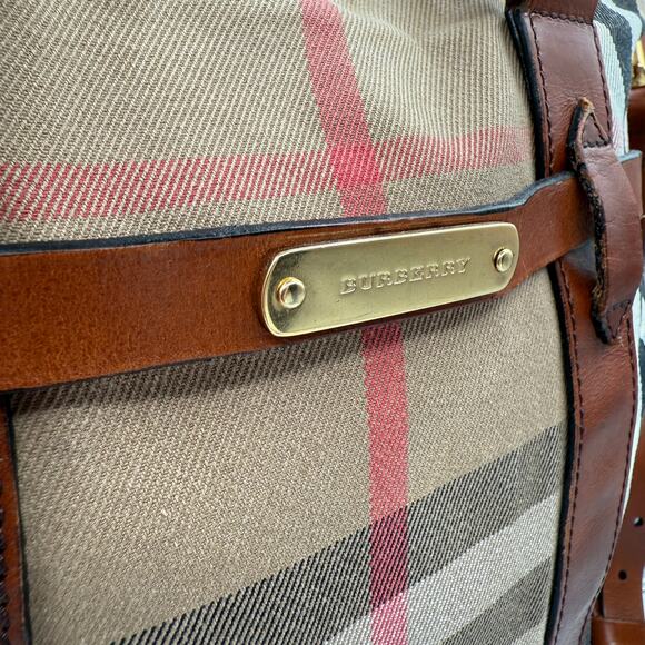 COA  Burberry Haymarket Check Tote Bag Leather Trim Italy Shoulder Crossbody - Picture 4 of 16